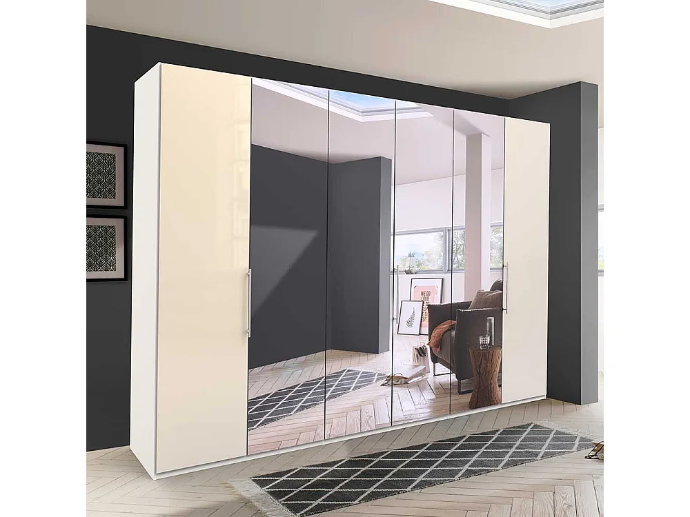 Falttürenkleiderschrank mit Spiegel Cremefarben