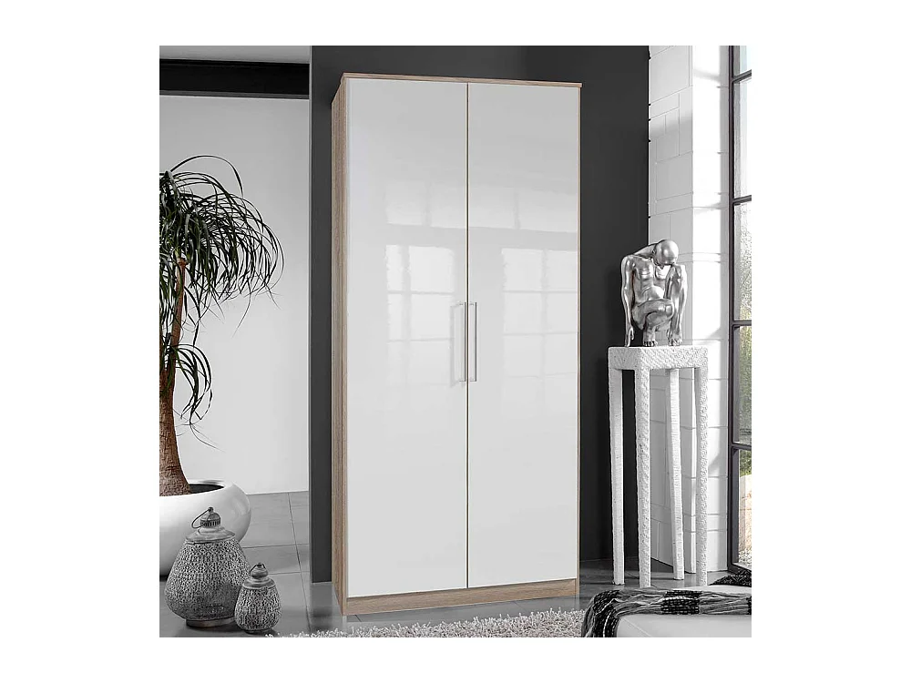 Jugendkleiderschrank zweitürig in Eiche Sägerau Holzoptik Weiß Hochglanz