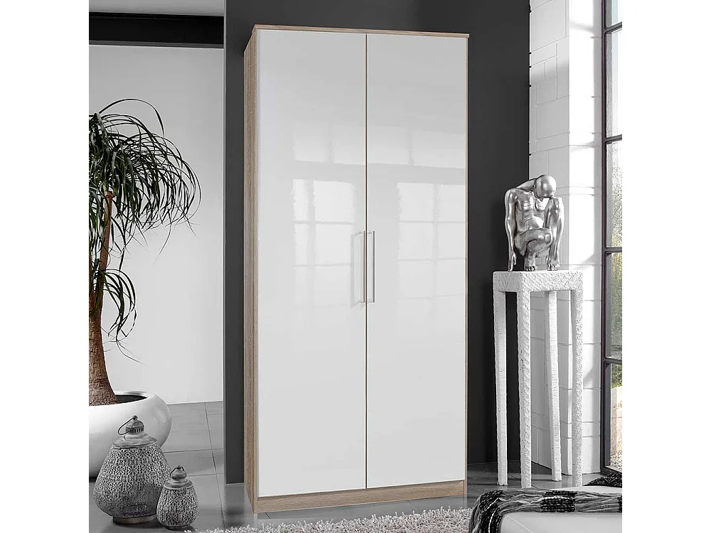 Jugendkleiderschrank zweitürig in Eiche Sägerau Holzoptik Weiß Hochglanz
