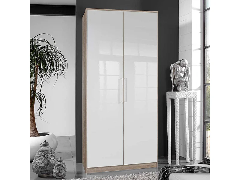 Jugendkleiderschrank zweitürig in Eiche Sägerau Holzoptik Weiß Hochglanz