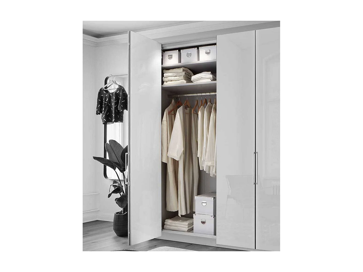 Schlafzimmerkleiderschrank mit Dreh- und Falttüren Weiß glasbeschichtet