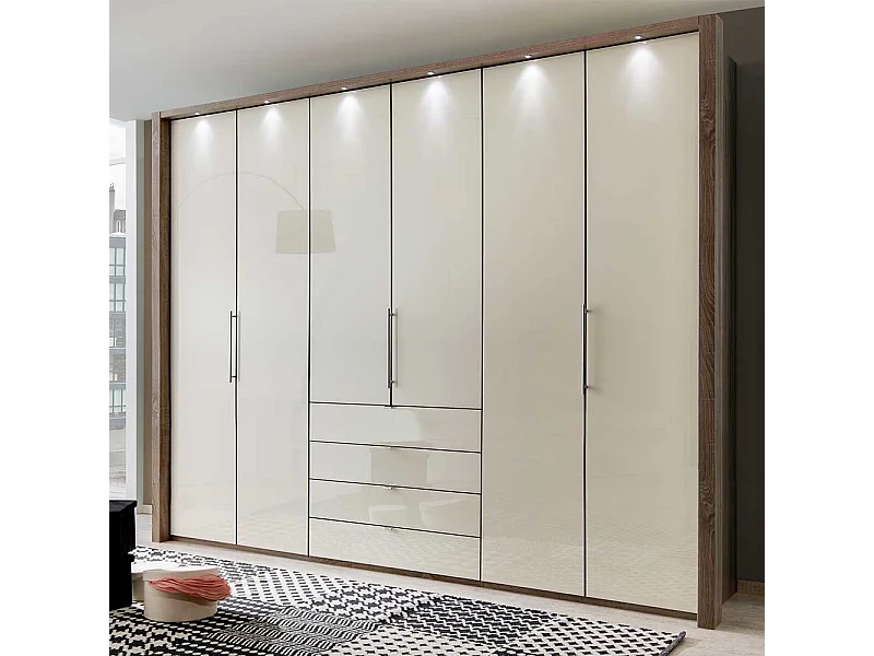 Schlafzimmerkleiderschrank in Beige und Eiche Trüffelfarben glasbeschichtet