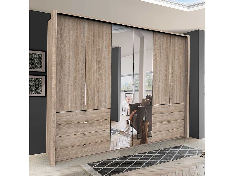 Schlafzimmerkleiderschrank mit Falttüren Spiegel und Schubladen Eiche Sägerau