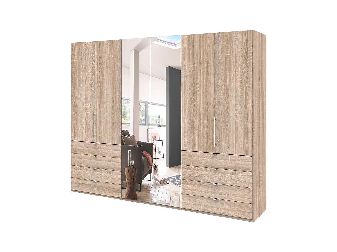 Schlafzimmerkleiderschrank mit Falttüren Spiegel und Schubladen Eiche Sägerau