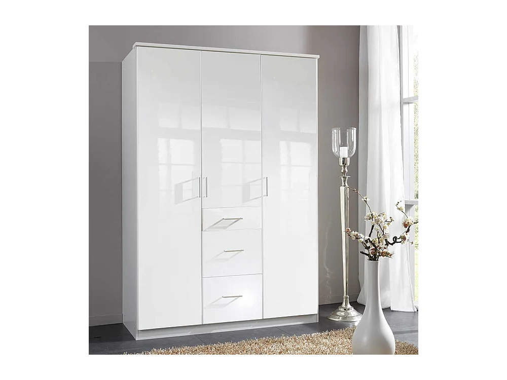 Drehtürenkleiderschrank Hochglanzfront in Weiß drei Schubladen und Türen