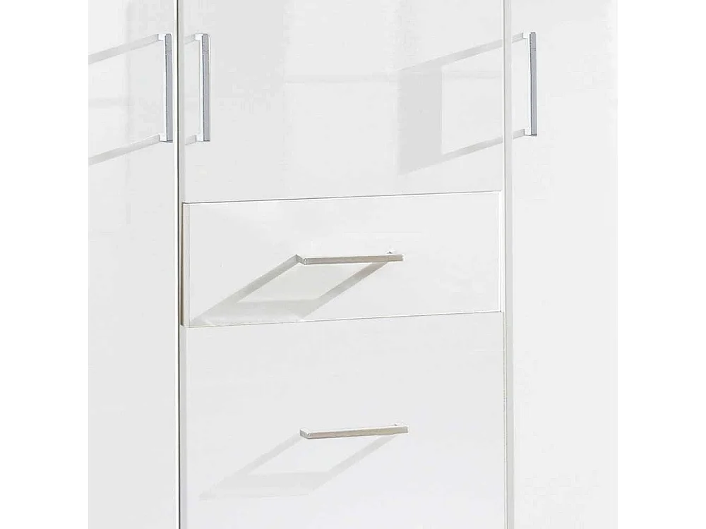 Drehtürenkleiderschrank Hochglanzfront in Weiß drei Schubladen und Türen