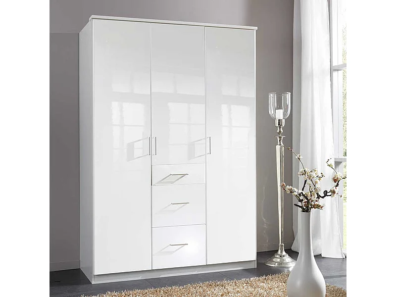 Drehtürenkleiderschrank Hochglanzfront in Weiß drei Schubladen und Türen