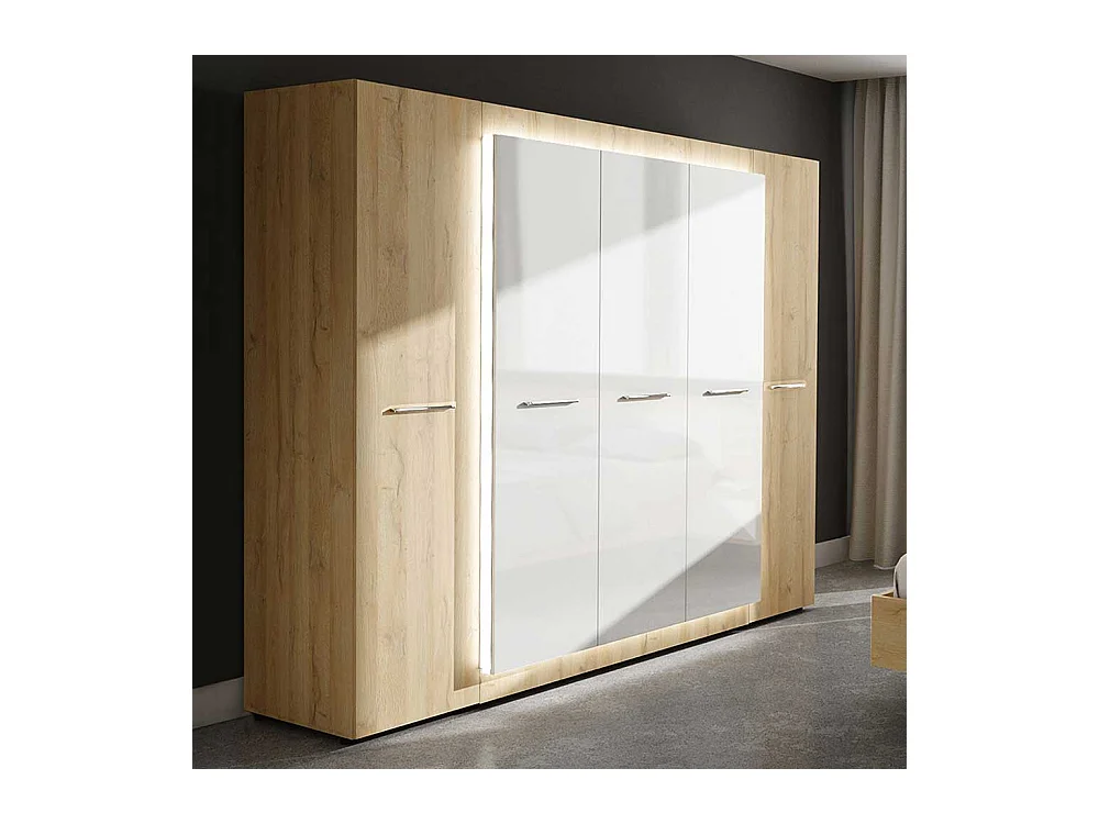 Drehtürenkleiderschrank in Weiß Hochglanz und Wildeiche Optik 220 cm hoch