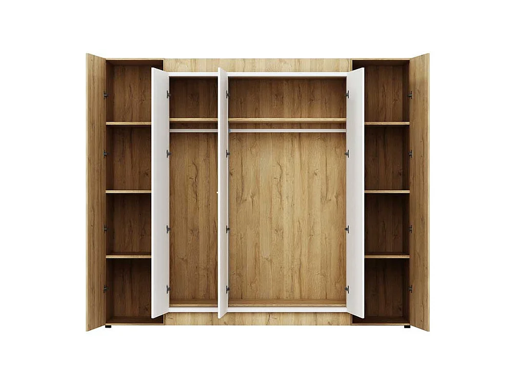 Drehtürenkleiderschrank in Weiß Hochglanz und Wildeiche Optik 220 cm hoch