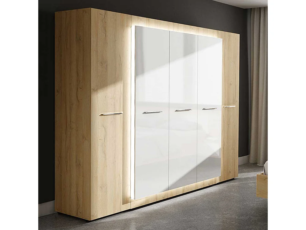 Drehtürenkleiderschrank in Weiß Hochglanz und Wildeiche Optik 220 cm hoch