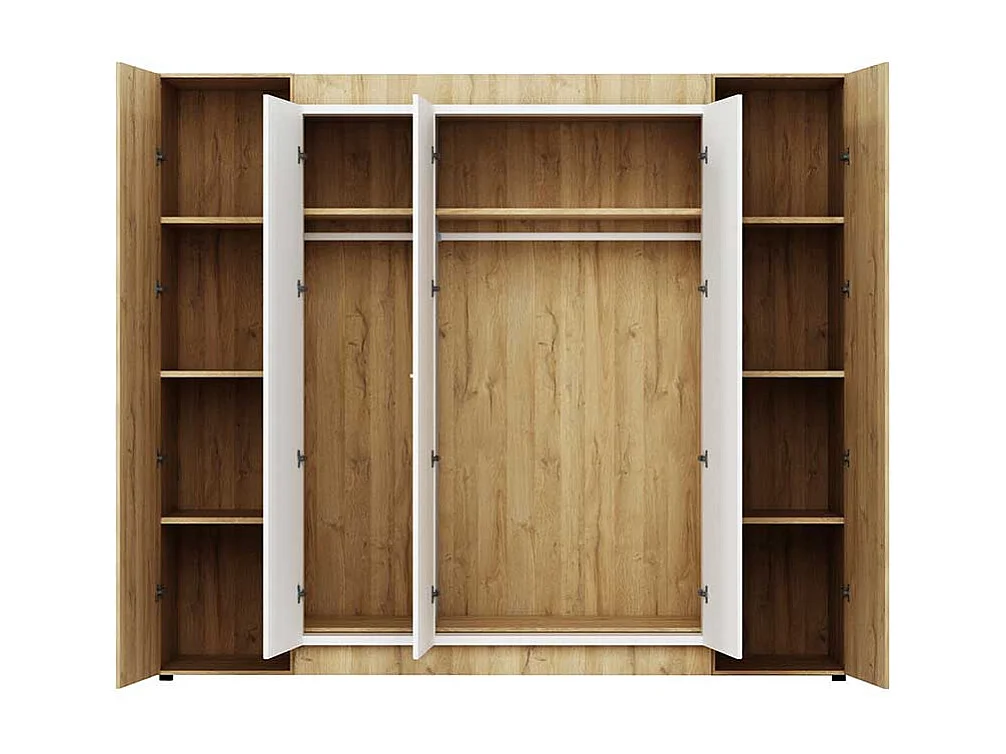 Drehtürenkleiderschrank in Weiß Hochglanz und Wildeiche Optik 220 cm hoch