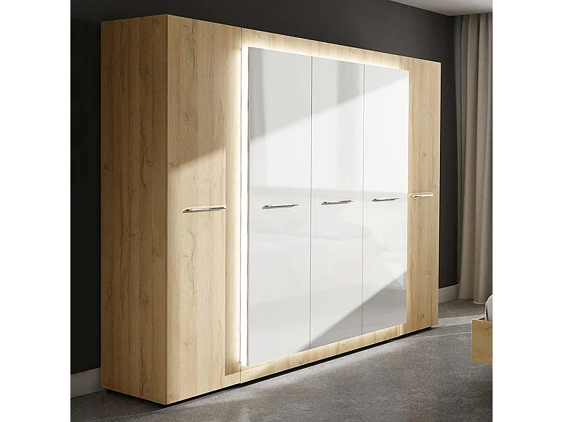 Drehtürenkleiderschrank in Weiß Hochglanz und Wildeiche Optik 220 cm hoch