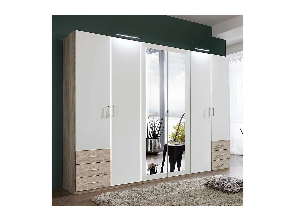 XL Drehtürenkleiderschrank in Eiche Sägerau und Weiß sechs Schubladen