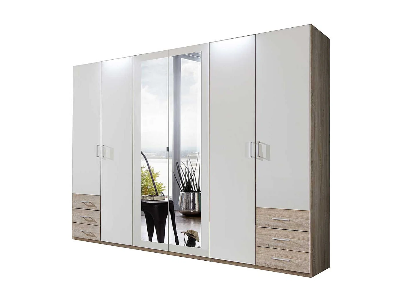 XL Drehtürenkleiderschrank in Eiche Sägerau und Weiß sechs Schubladen