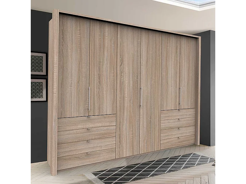 Kombi Schlafzimmerkleiderschrank mit Falttüren und Schubladen Eiche Sägerau