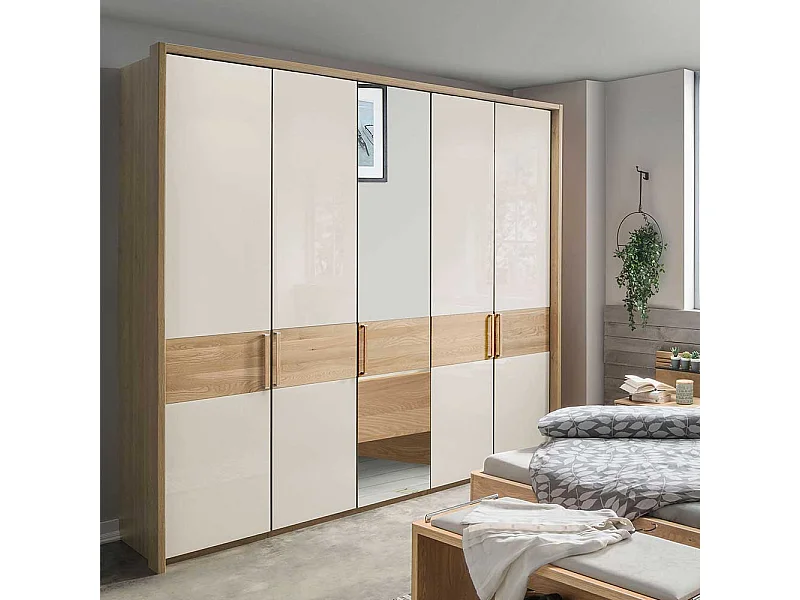Schlafzimmerkleiderschrank in Beige Glas beschichtet Eiche Massivholz