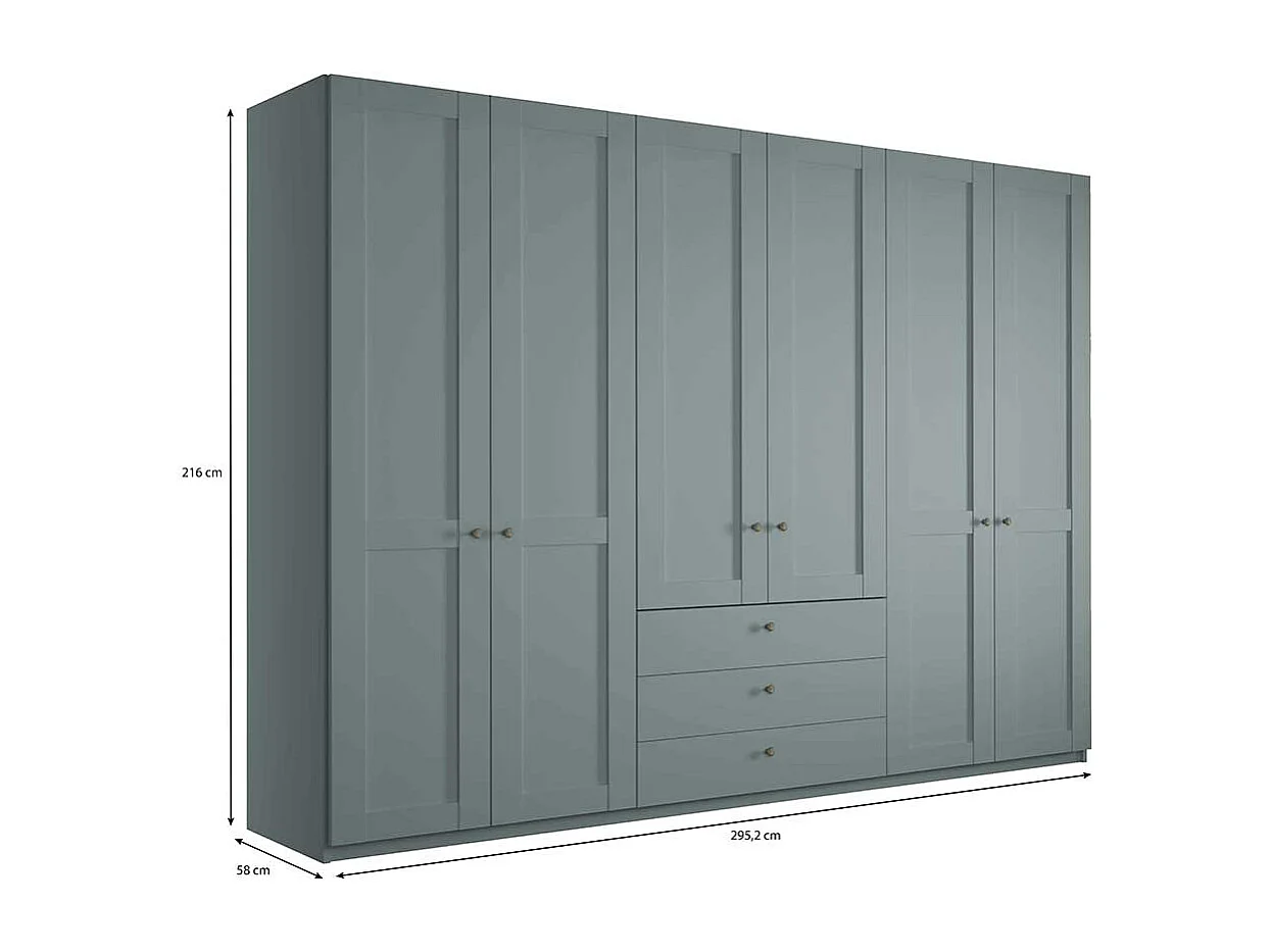 Landhausschrank XL in Graugrün drei Schubladen & sechs Türen