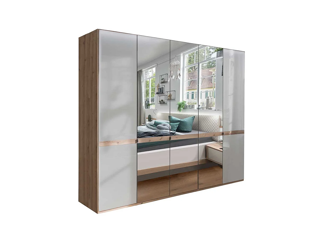 Schlafzimmerkleiderschrank in Beige und Eiche Bianco Spiegeltüren