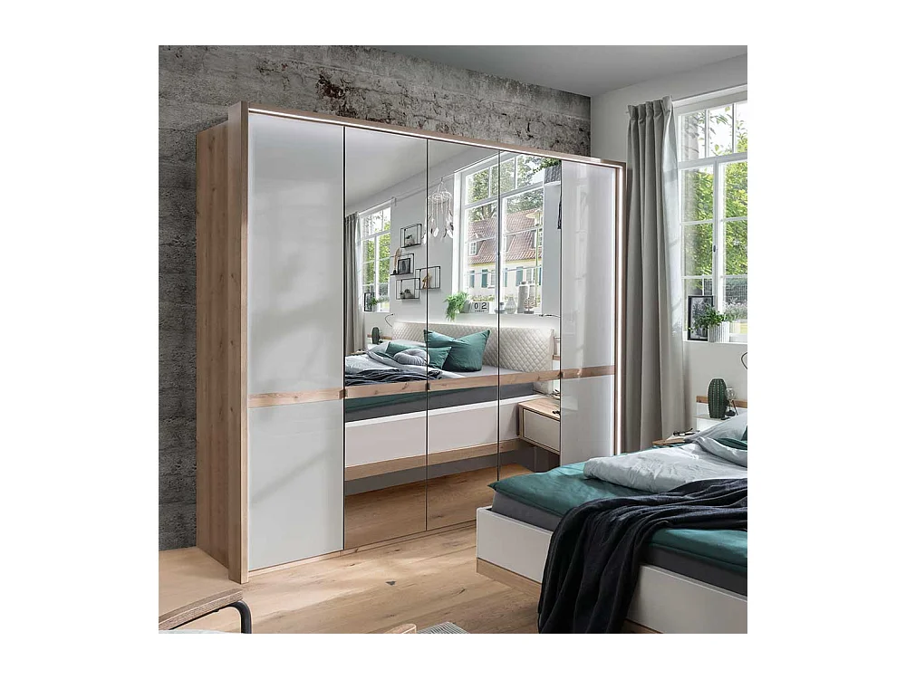 Schlafzimmerkleiderschrank in Beige und Eiche Bianco Spiegeltüren