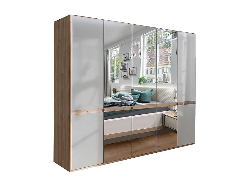 Schlafzimmerkleiderschrank in Beige und Eiche Bianco Spiegeltüren