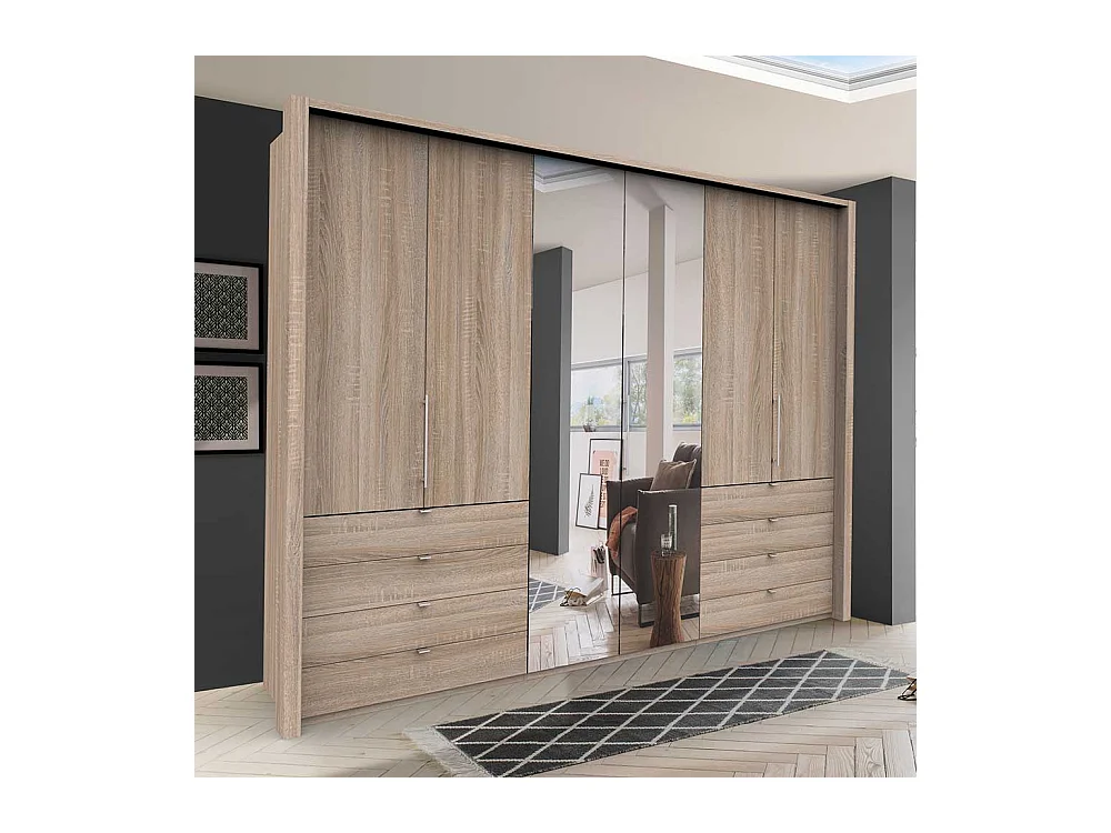 Schlafzimmerkleiderschrank mit Falttüren Spiegel und Schubladen Eiche Sägerau