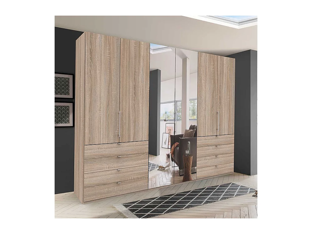 Schlafzimmerkleiderschrank mit Falttüren Spiegel und Schubladen Eiche Sägerau