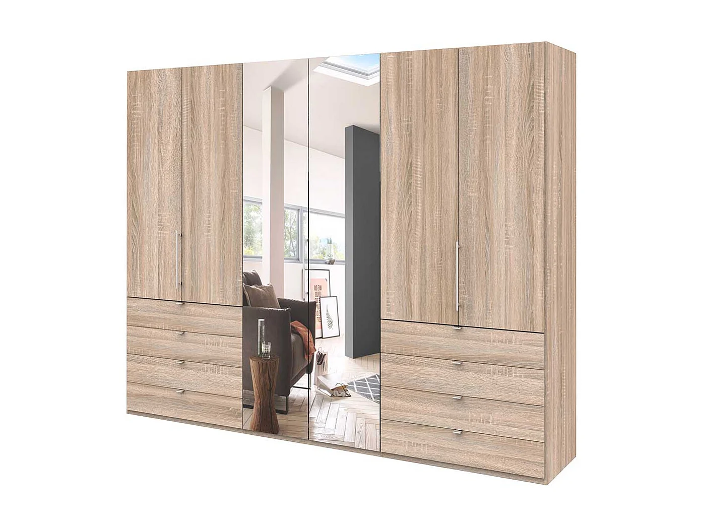 Schlafzimmerkleiderschrank mit Falttüren Spiegel und Schubladen Eiche Sägerau