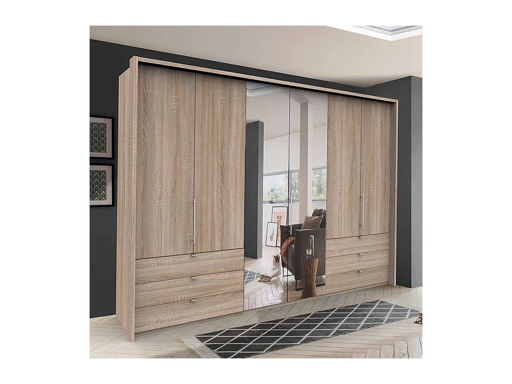 Schlafzimmerkleiderschrank in Eiche Sägerau 3 türig mit Spiegel und Schubladen