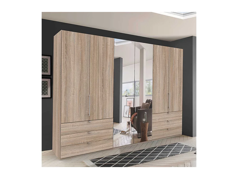 Schlafzimmerkleiderschrank in Eiche Sägerau 3 türig mit Spiegel und Schubladen