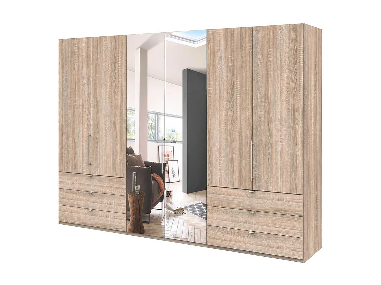 Schlafzimmerkleiderschrank in Eiche Sägerau 3 türig mit Spiegel und Schubladen