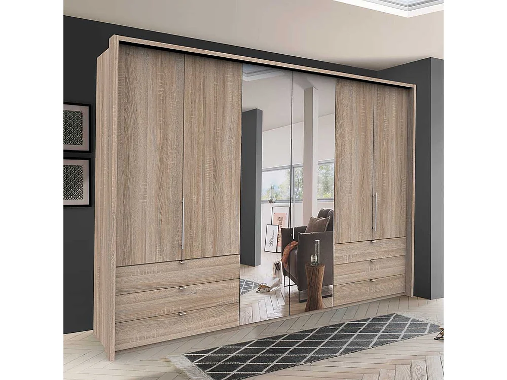 Schlafzimmerkleiderschrank in Eiche Sägerau 3 türig mit Spiegel und Schubladen