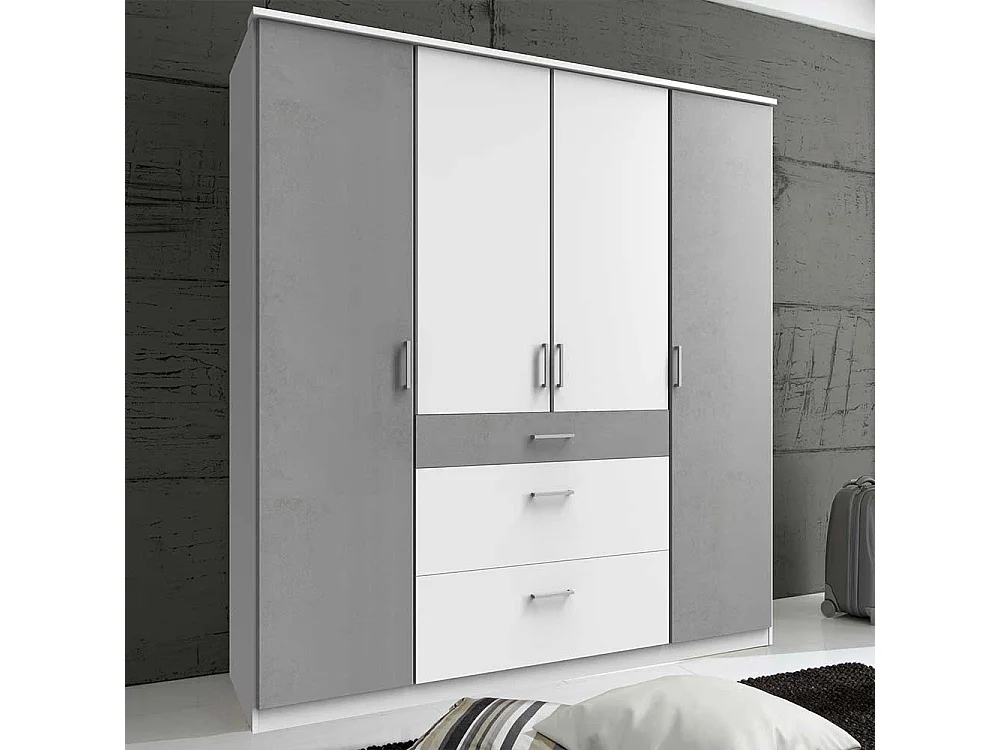 Großer Jugendkleiderschrank in Beton Lichtgrau & Weiß drei Schubladen
