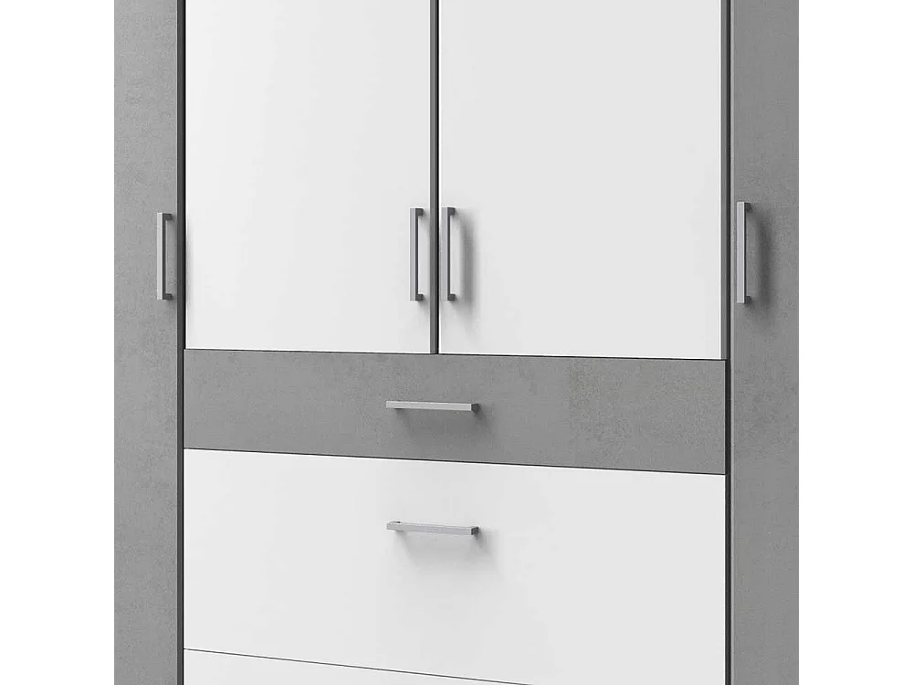 Großer Jugendkleiderschrank in Beton Lichtgrau & Weiß drei Schubladen