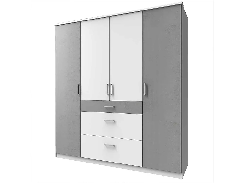 Großer Jugendkleiderschrank in Beton Lichtgrau & Weiß drei Schubladen