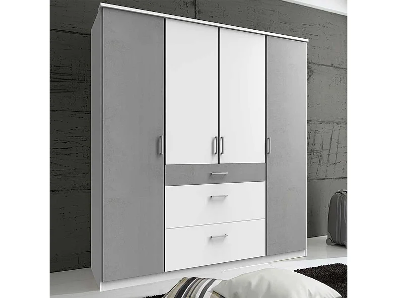 Großer Jugendkleiderschrank in Beton Lichtgrau & Weiß drei Schubladen