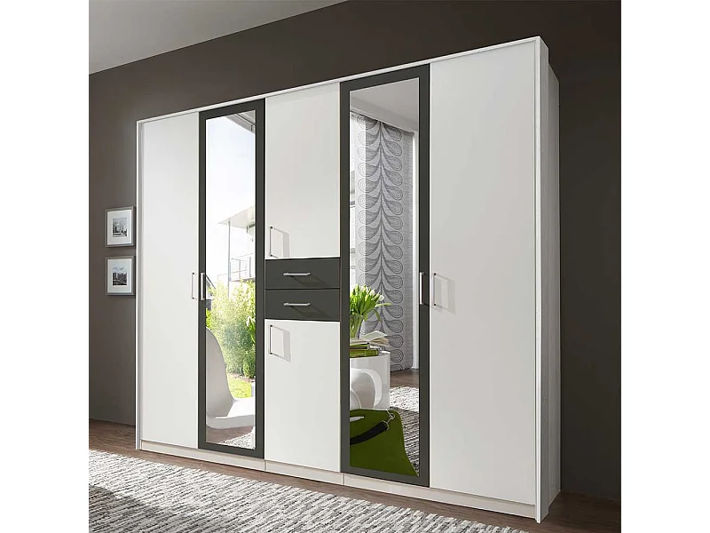 Schlafzimmerkleiderschrank zweifarbig in Weiß und Dunkelgrau zwei Schubladen