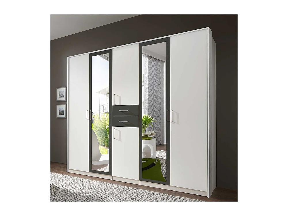 Schlafzimmerkleiderschrank zweifarbig in Weiß und Dunkelgrau zwei Schubladen