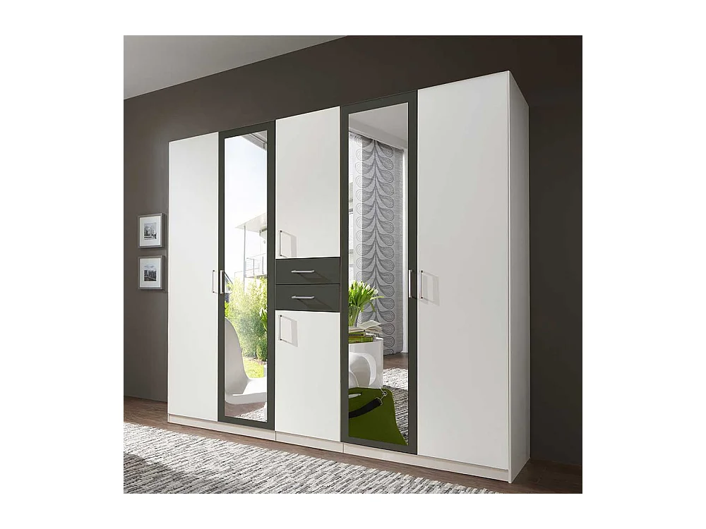 Schlafzimmerkleiderschrank zweifarbig in Weiß und Dunkelgrau zwei Schubladen