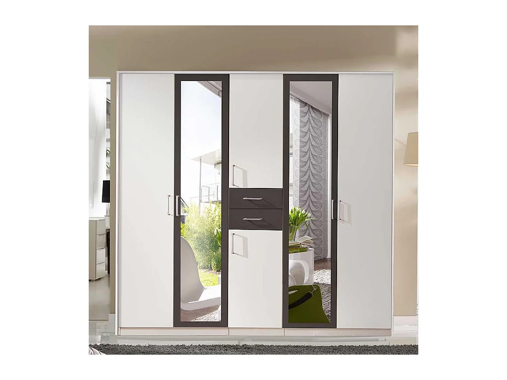 Schlafzimmerkleiderschrank zweifarbig in Weiß und Dunkelgrau zwei Schubladen