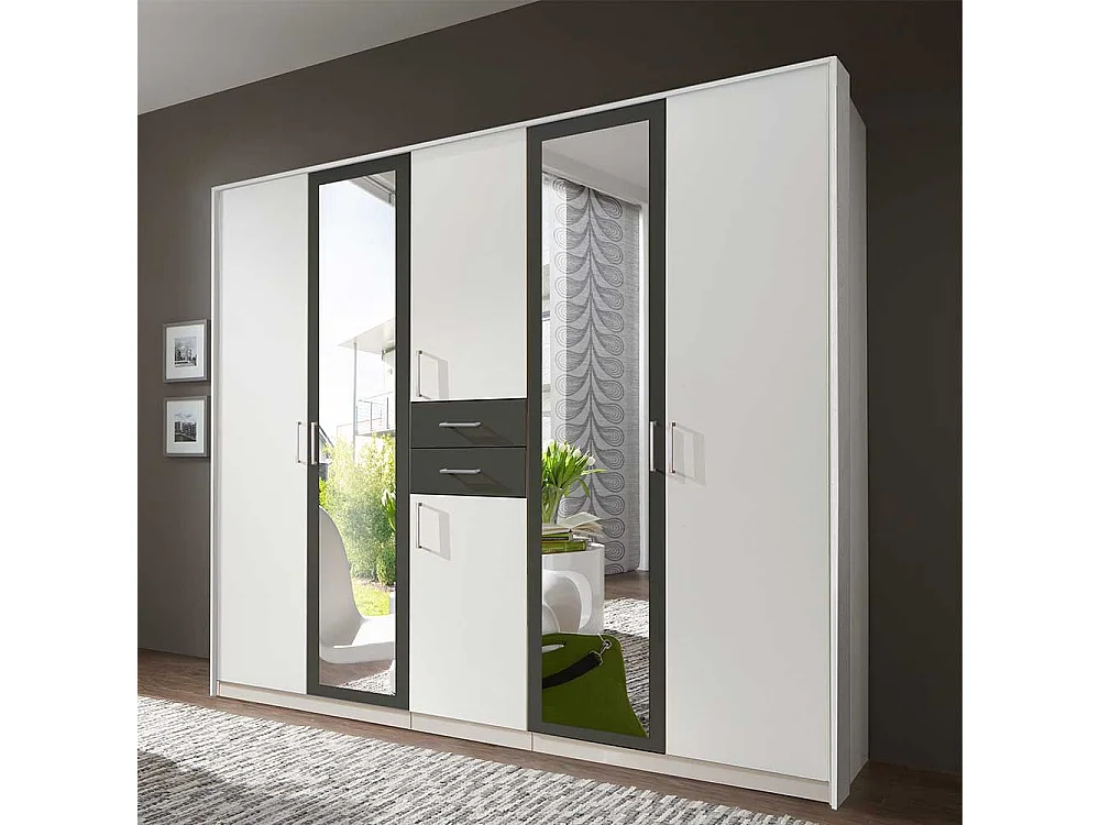 Schlafzimmerkleiderschrank zweifarbig in Weiß und Dunkelgrau zwei Schubladen