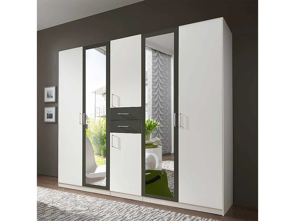 Schlafzimmerkleiderschrank zweifarbig in Weiß und Dunkelgrau zwei Schubladen