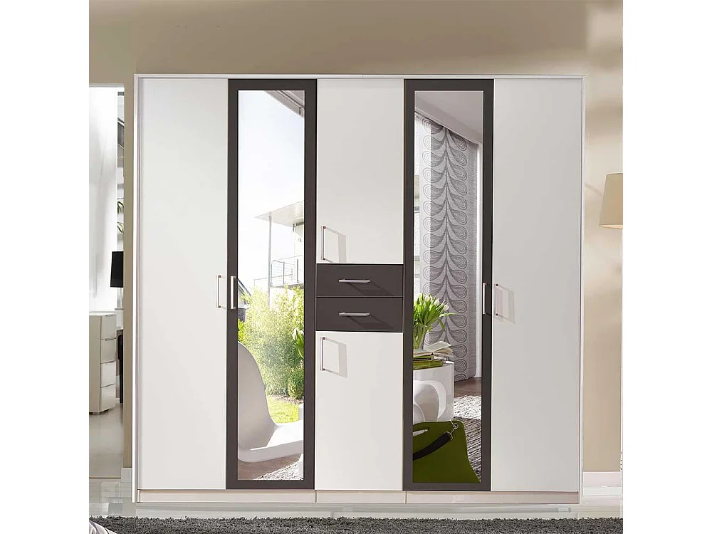 Schlafzimmerkleiderschrank zweifarbig in Weiß und Dunkelgrau zwei Schubladen