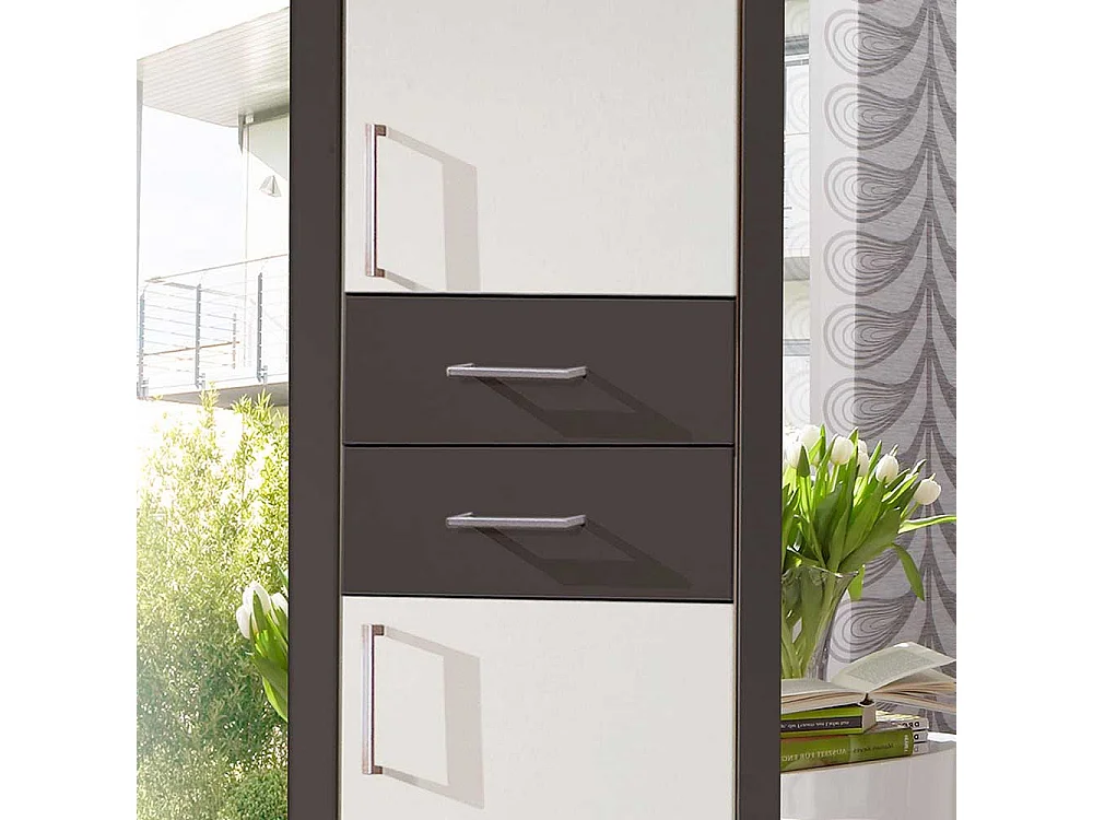 Schlafzimmerkleiderschrank zweifarbig in Weiß und Dunkelgrau zwei Schubladen