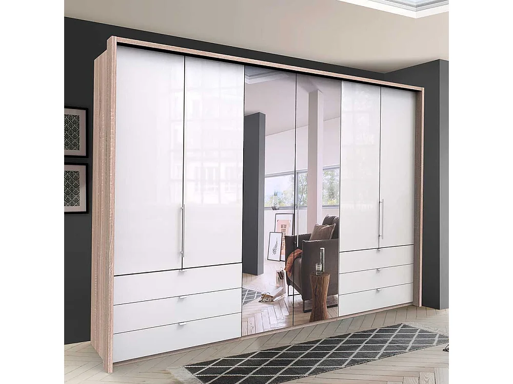 Gleittüren Schrank mit Spiegel und Schubladen Weiß Eiche Sägerau