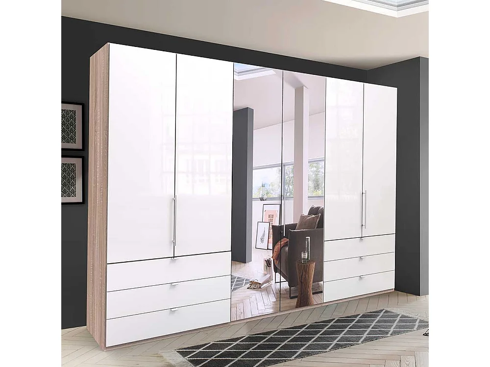 Gleittüren Schrank mit Spiegel und Schubladen Weiß Eiche Sägerau