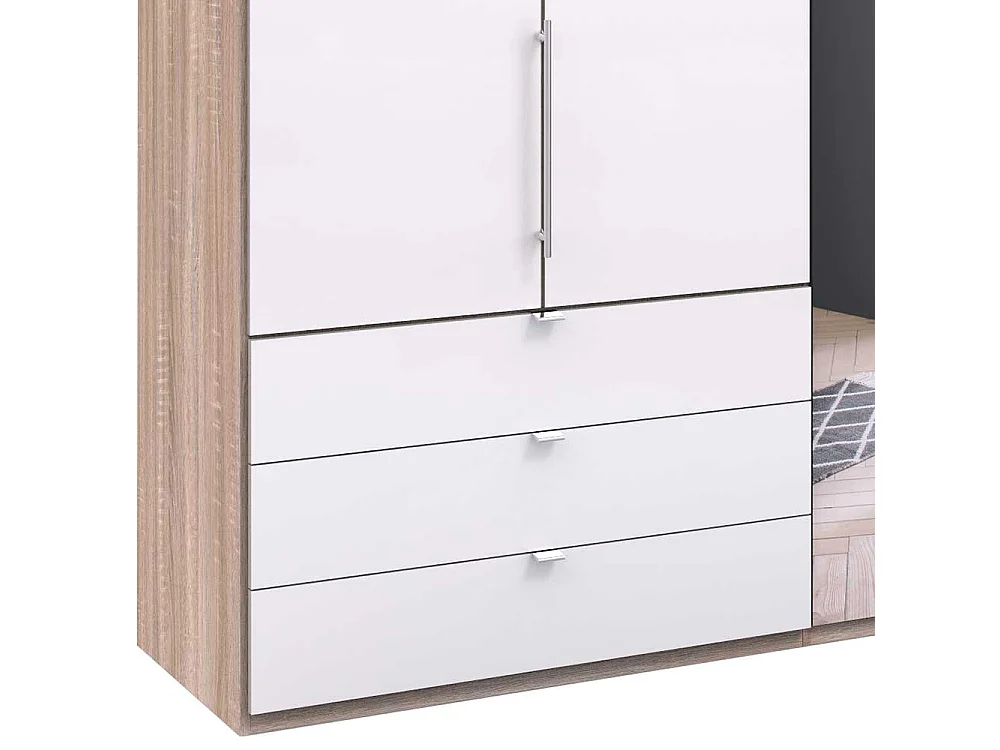 Gleittüren Schrank mit Spiegel und Schubladen Weiß Eiche Sägerau