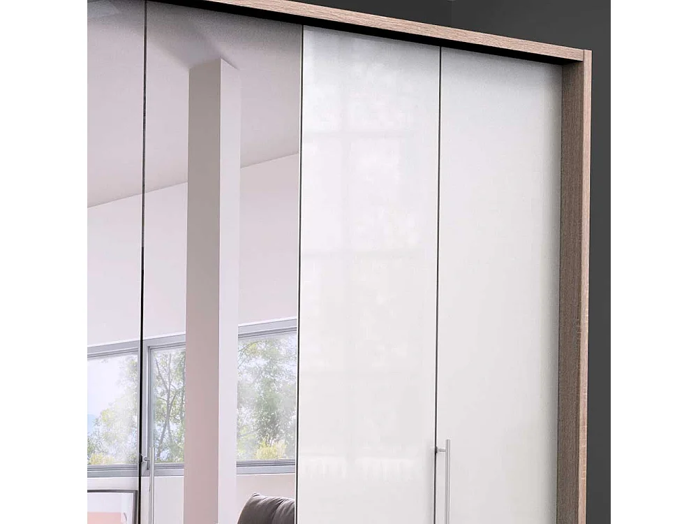 Gleittüren Schrank mit Spiegel und Schubladen Weiß Eiche Sägerau