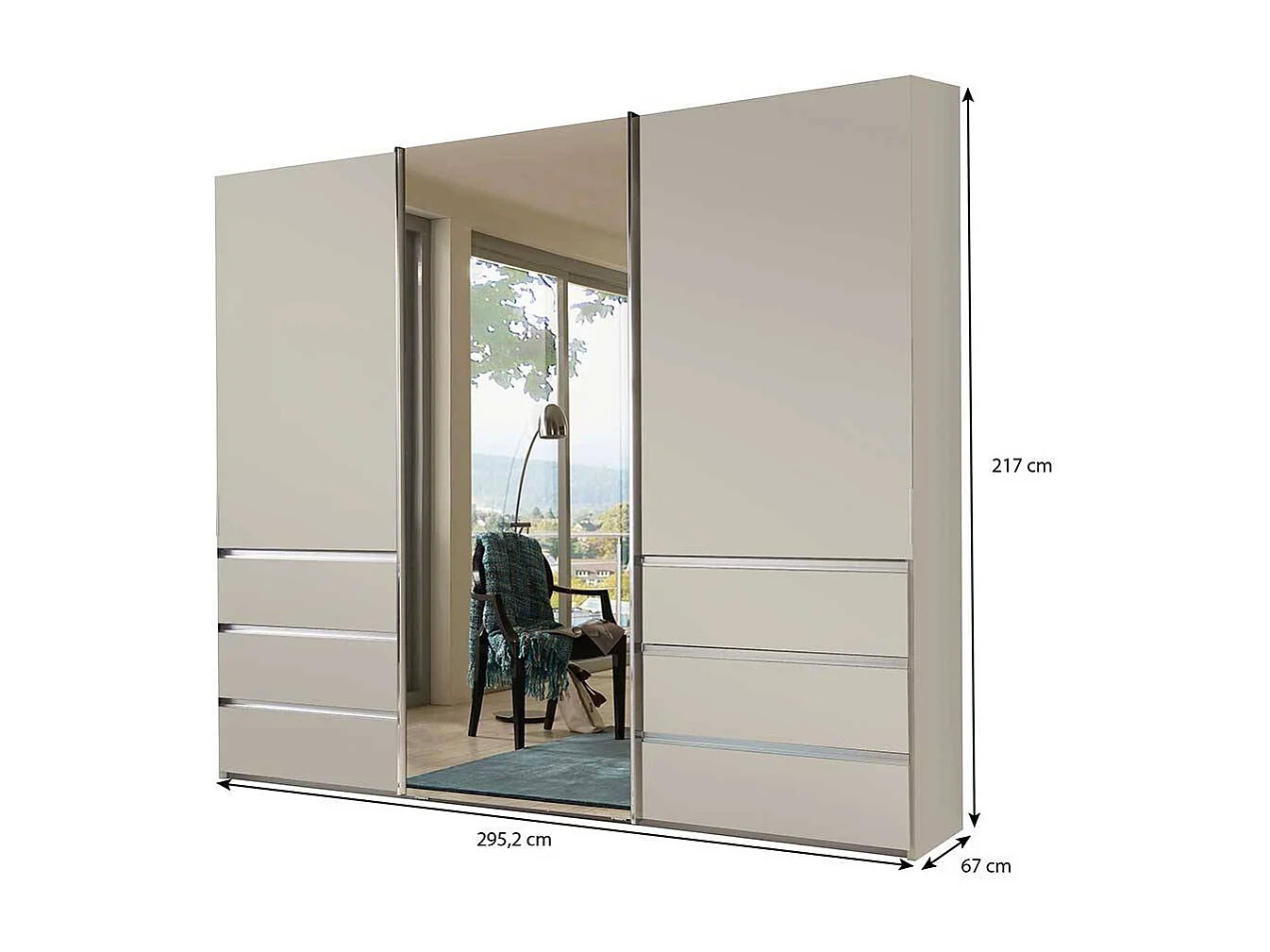 Schwebtuerenschrank in Champagner 300 cm breit und 67 cm tief