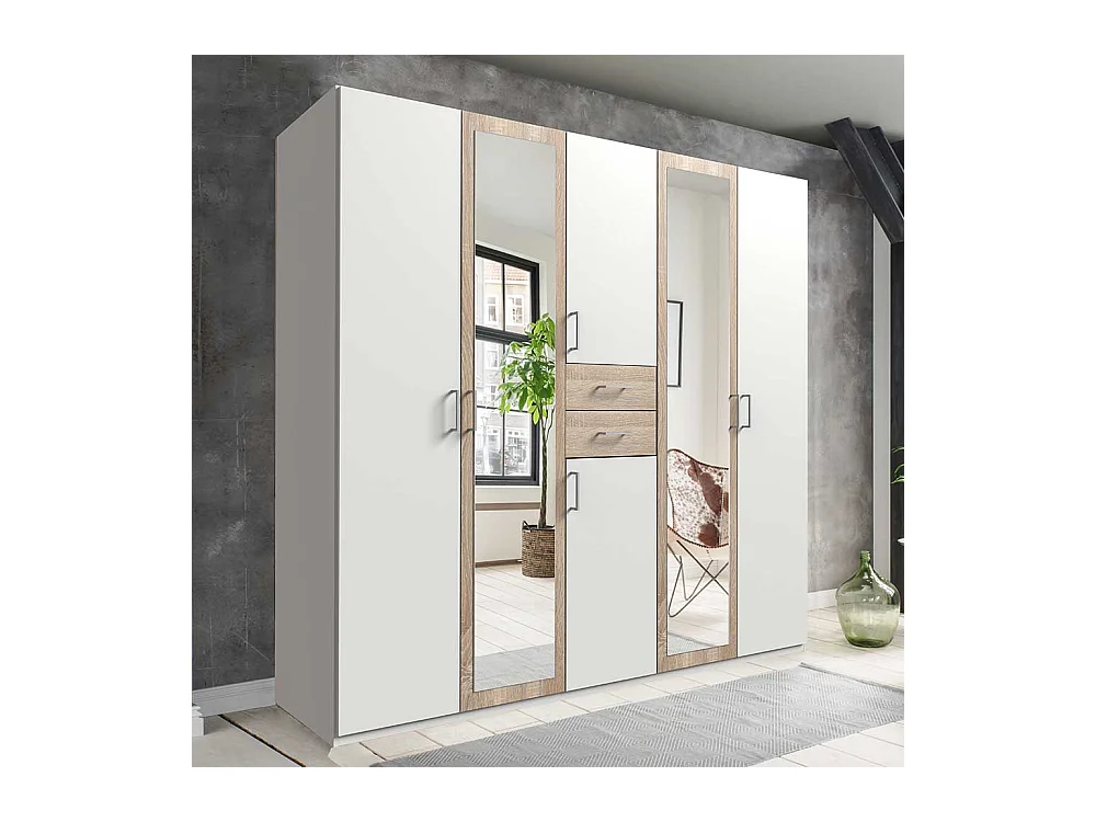 XL Schrank Schlafzimmer mit Spiegeltüren Eiche Sägerau & Weiß