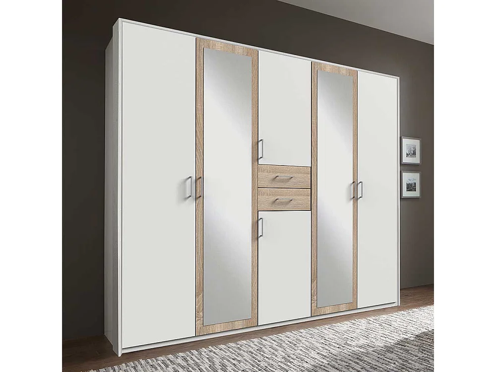 XL Schrank Schlafzimmer mit Spiegeltüren Eiche Sägerau & Weiß